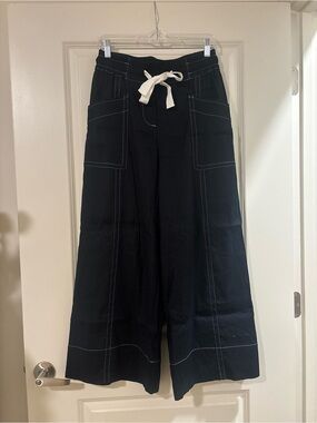Maeve Wide Leg Linen Blend Cargo Pants with Contrast Stitching and Drawstring